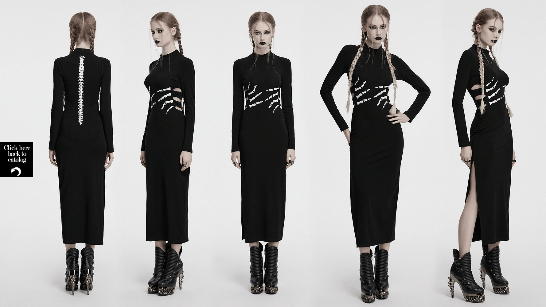 Skeleton print black dress with ghost claw design, high slit, and spine detail, showcasing a bold, edgy style.