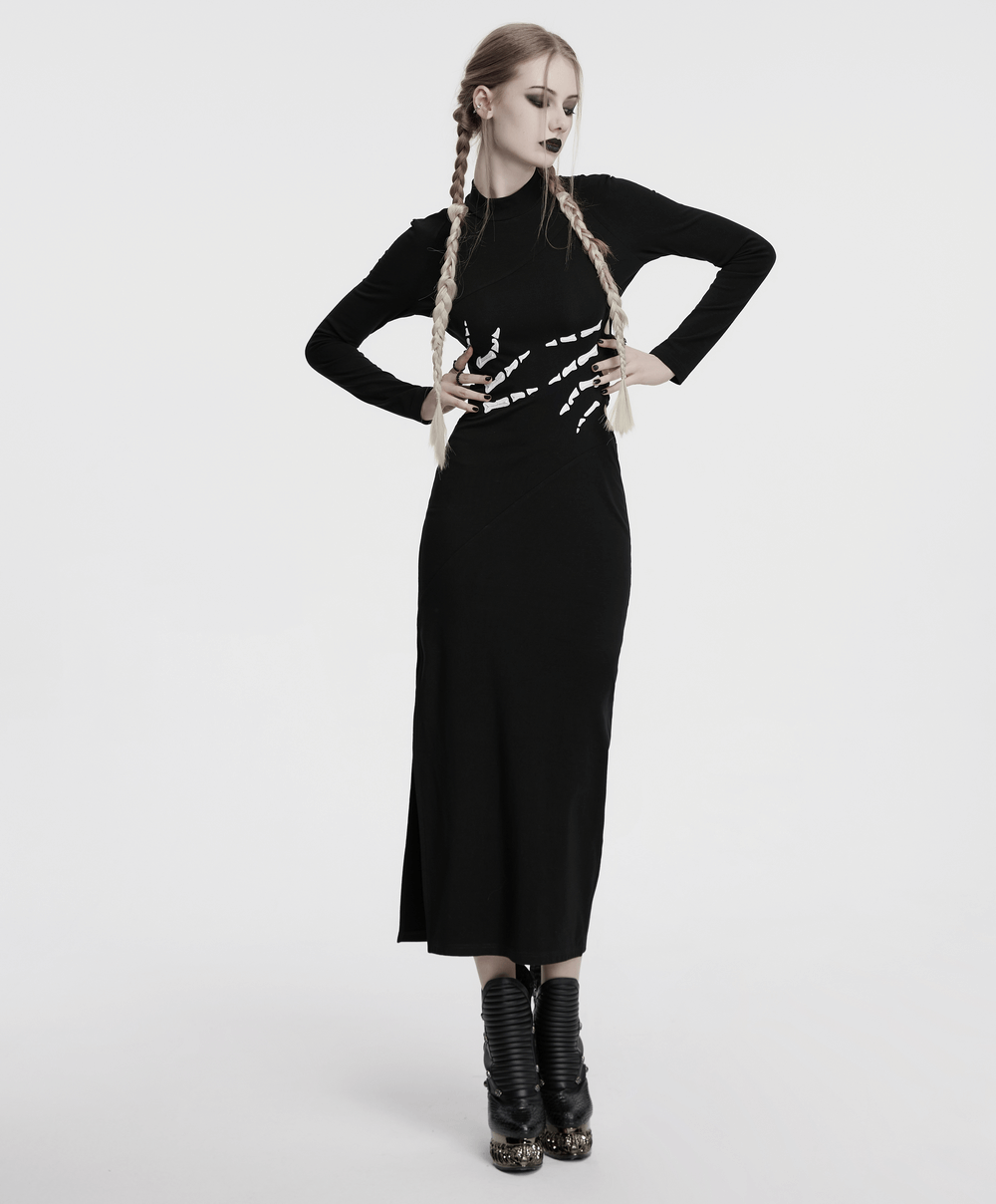 Skeleton print black dress with ghost claw design, featuring a high slit and stand-up collar.