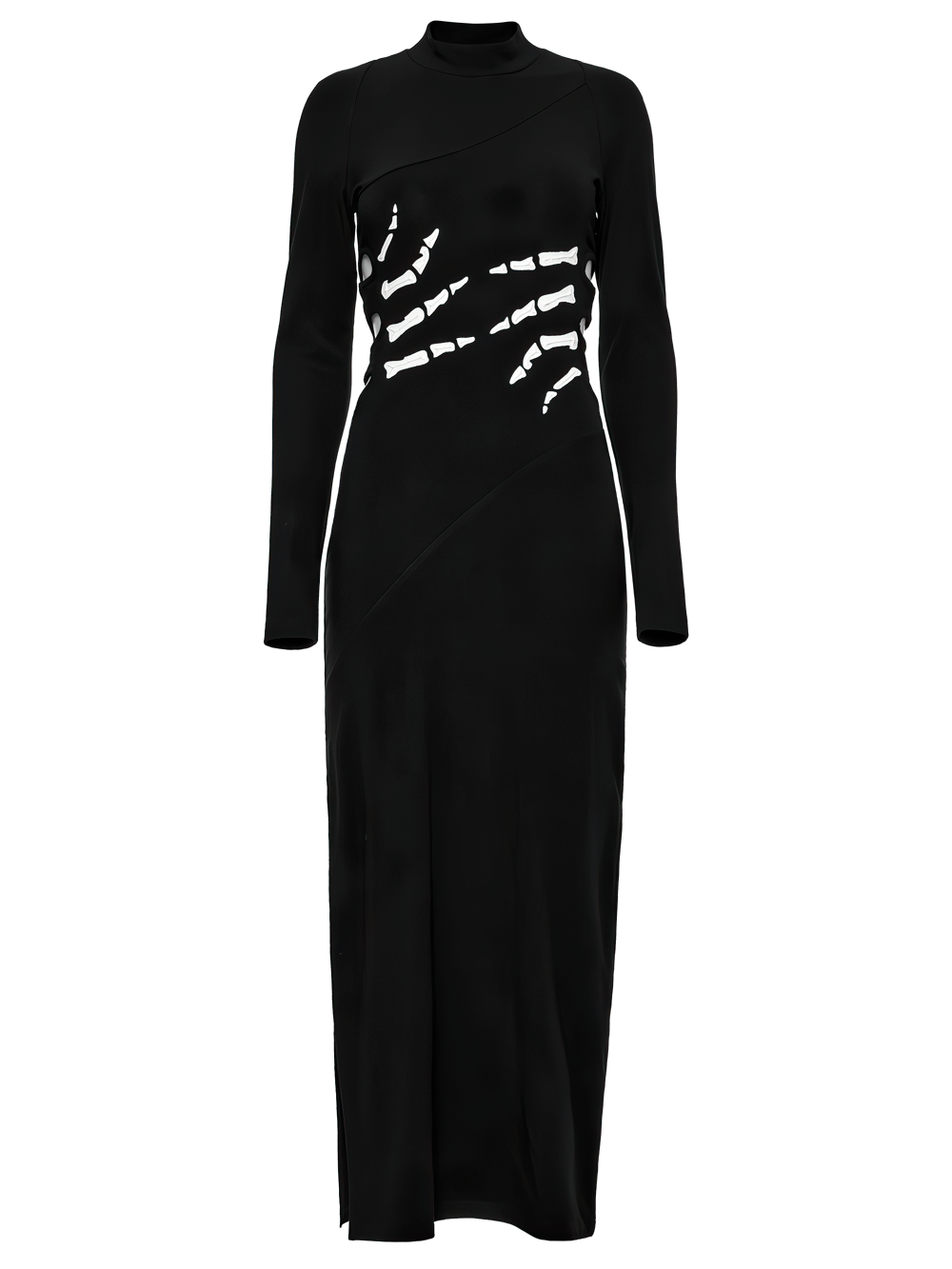 Skeleton print black dress featuring ghost claw design and high slit for a bold, stylish look.