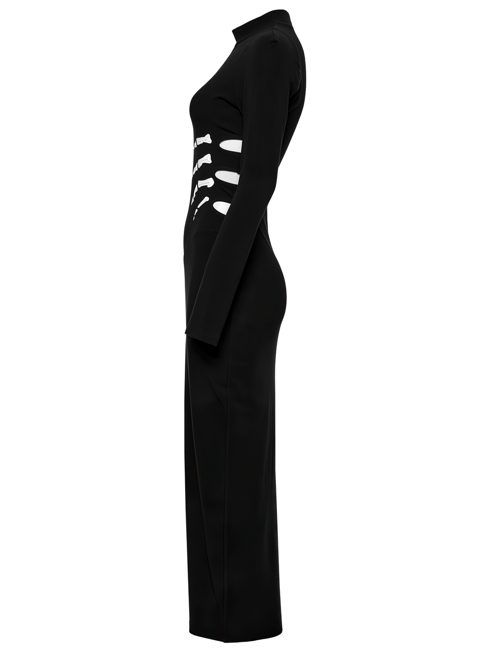 Skeleton print black dress side view with ghost claw and spine design, featuring a high slit and stand-up collar.