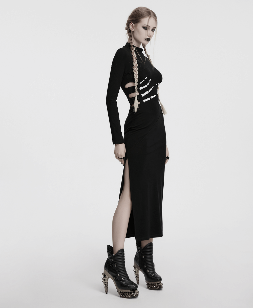 Skeleton print black dress with ghost claw design and high slit, styled with edgy boots.