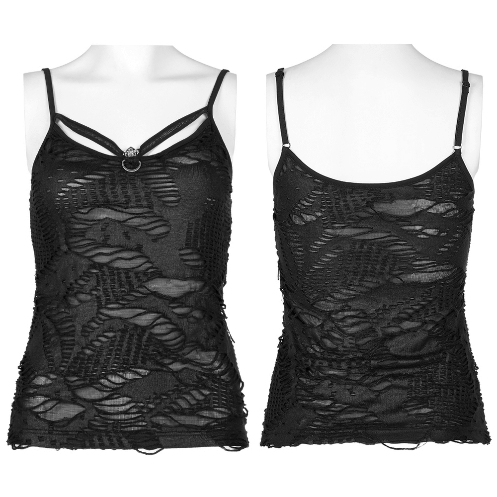 Black gothic camisole with intricate ripped design and adjustable straps for a edgy, stylish look.