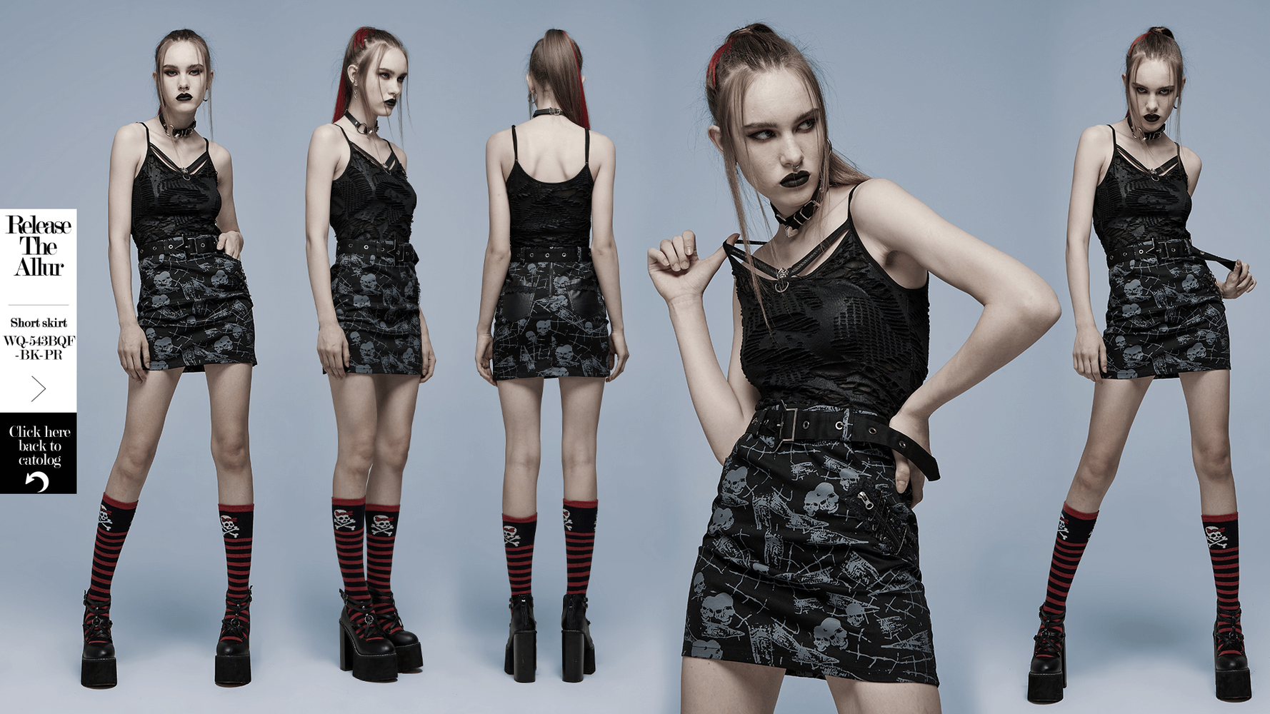 Gothic camisole with skull detail, adjustable straps, paired with a stylish skirt and striped socks for a bold look.