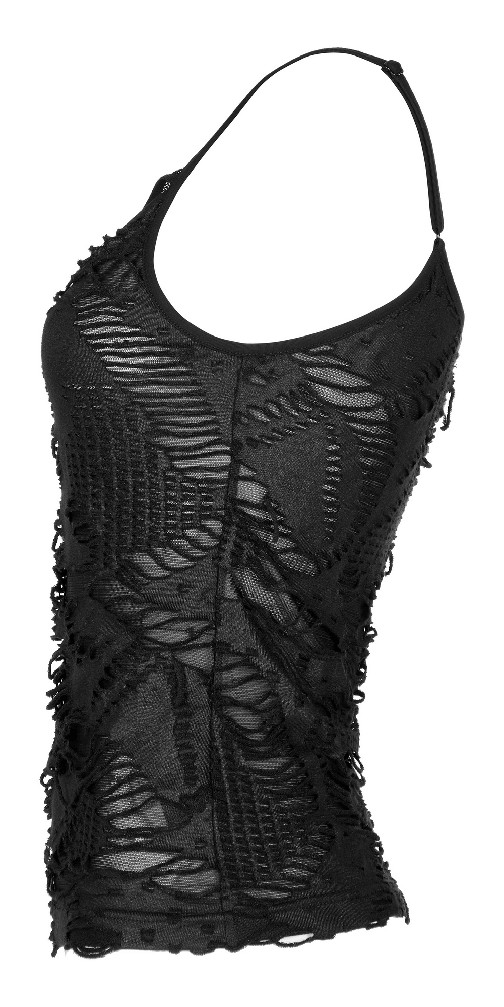 Gothic lace trim camisole in black with skull detail and adjustable straps, perfect for edgy fashion statements.