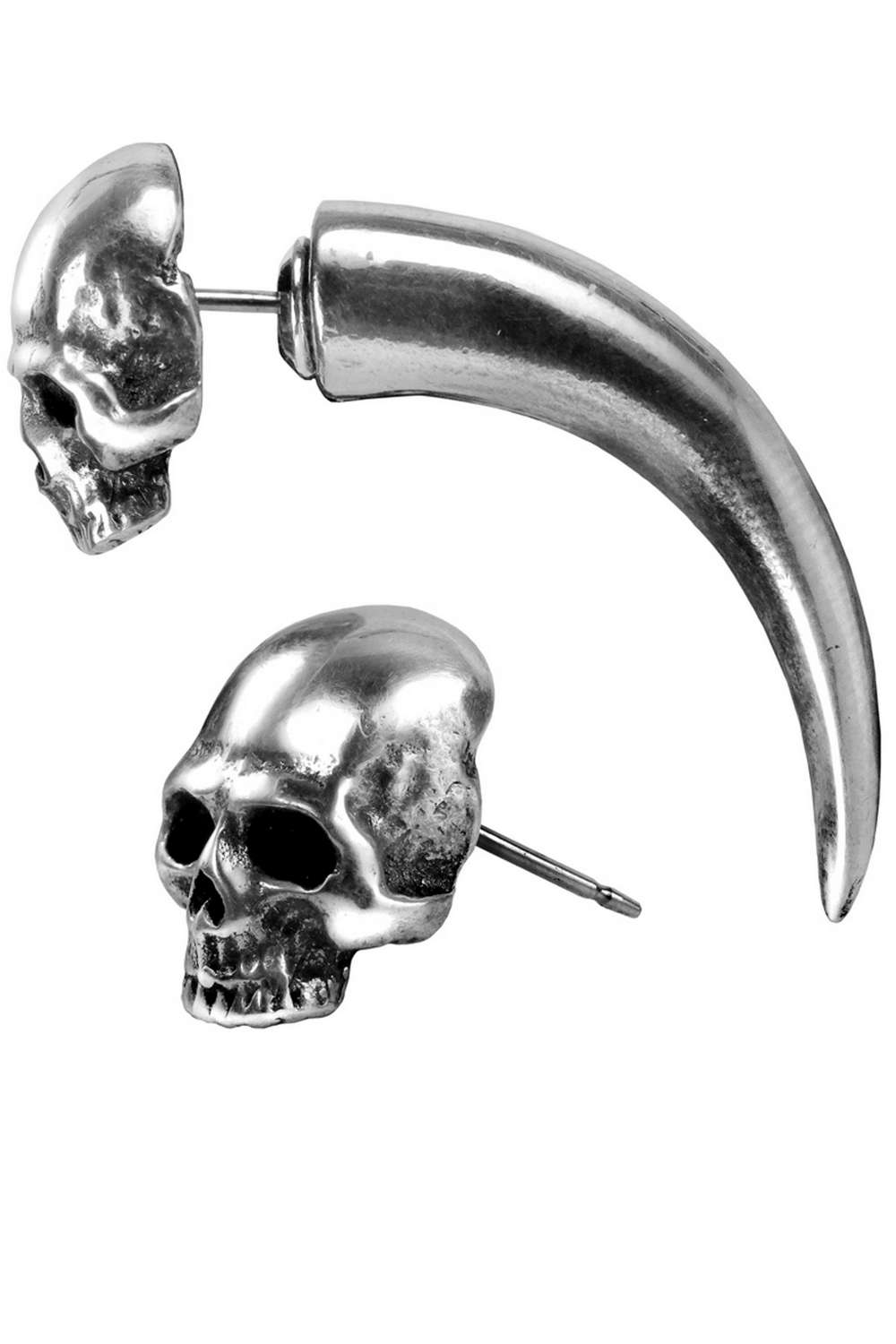 Skull and horn faux stretcher earrings with gothic style, perfect for edgy accessorizing.