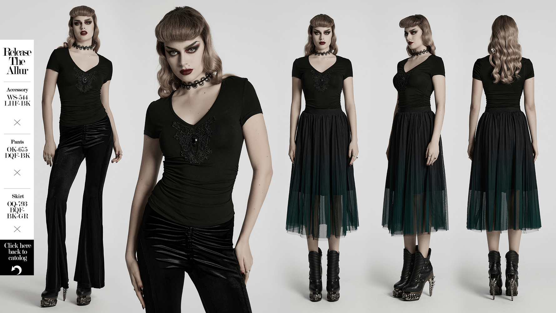 Model showcases stylish skull and lace black V-neck elastic t-shirt with gothic flair and pleated skirt.