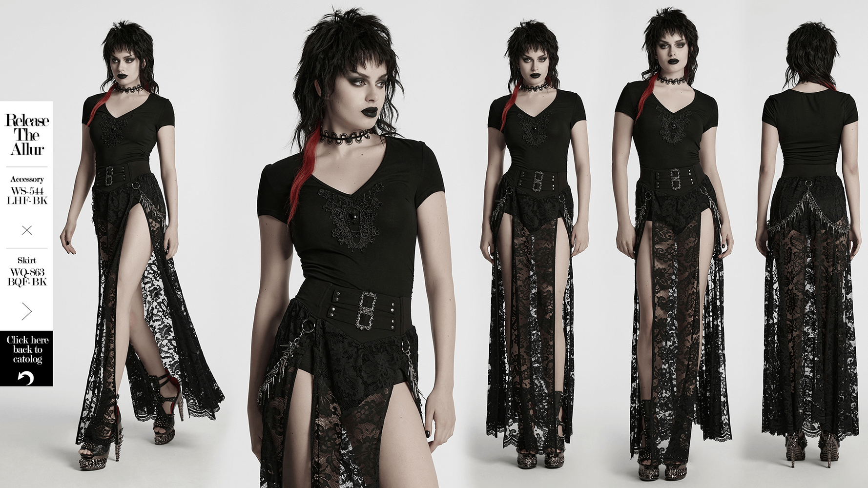 Edgy gothic outfit featuring a black top with lace maxi skirts, perfect for alternative fashion lovers.