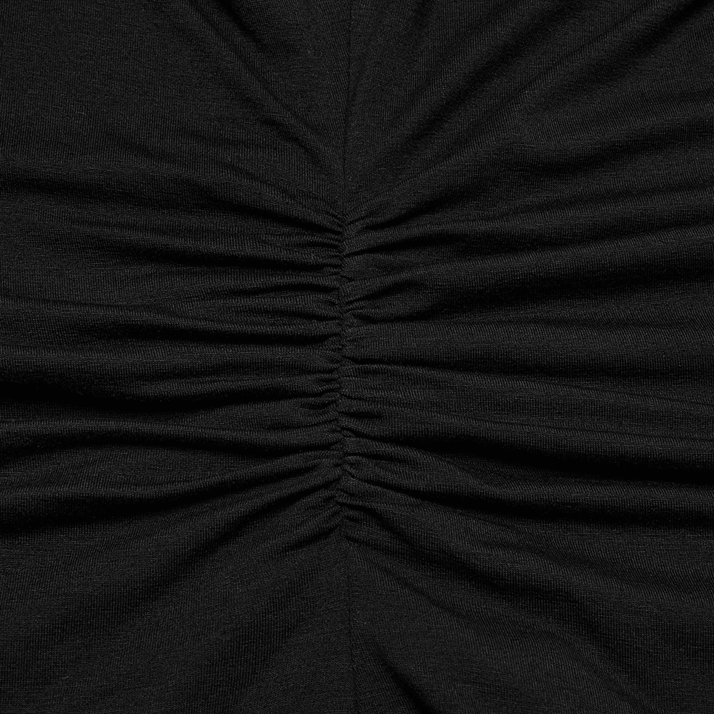 Detail of soft black elastic fabric showcasing gathered pleats for a stylish V-neck t-shirt.