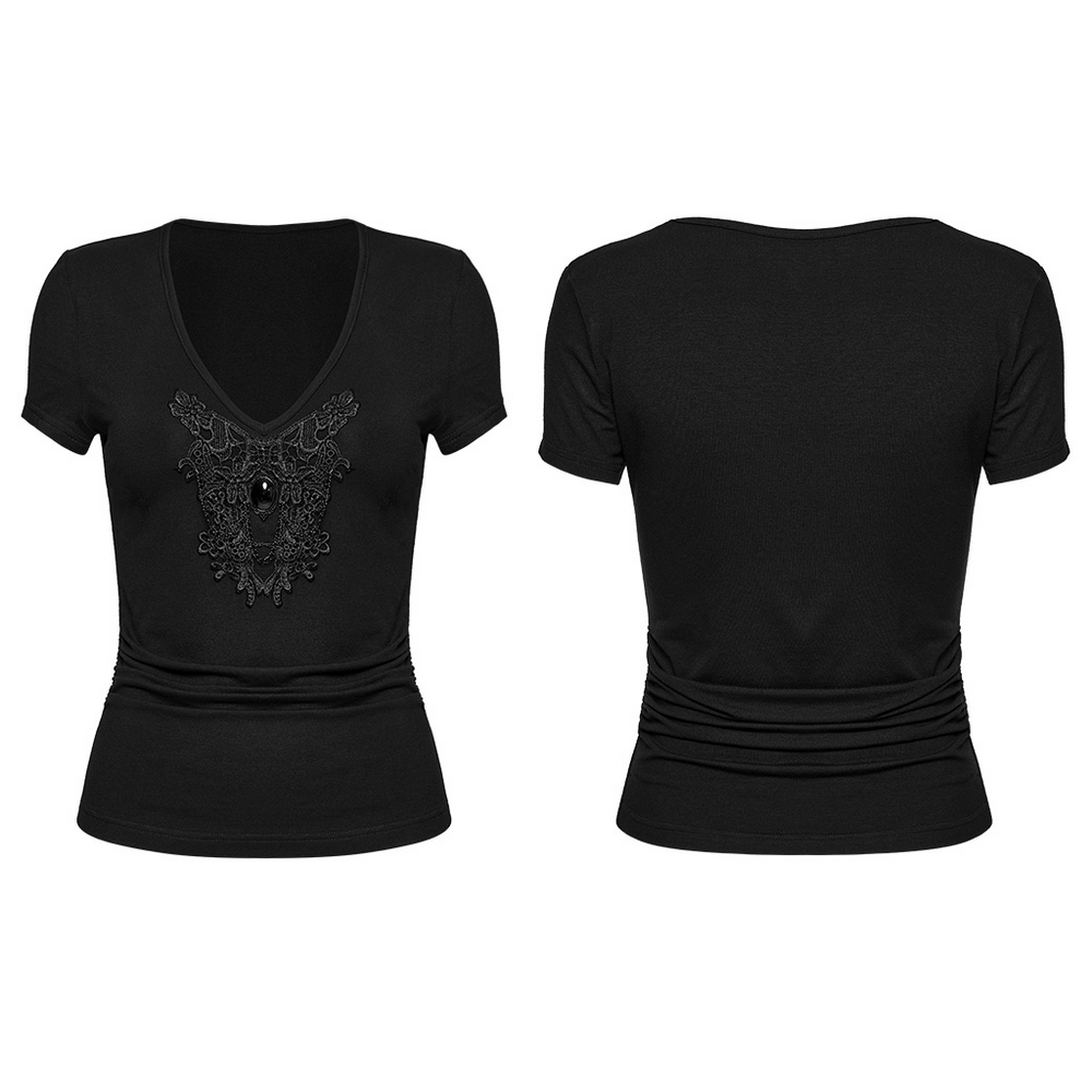 Skull and lace black V-neck t-shirt for women with gemstone chains, showcasing a fashion-forward gothic style.