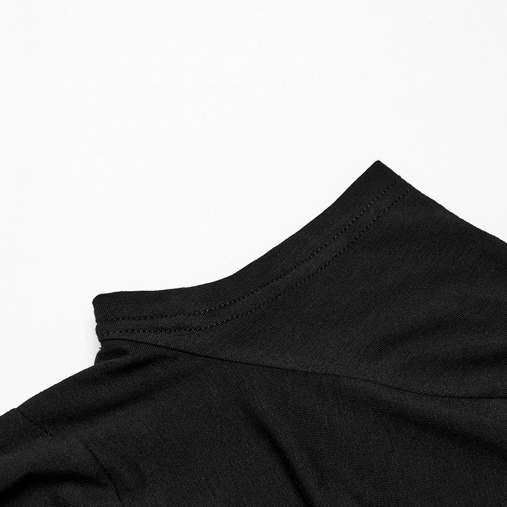Close-up of the V-neckline on a stylish black elastic t-shirt for women, showcasing soft fabric and elegant design.