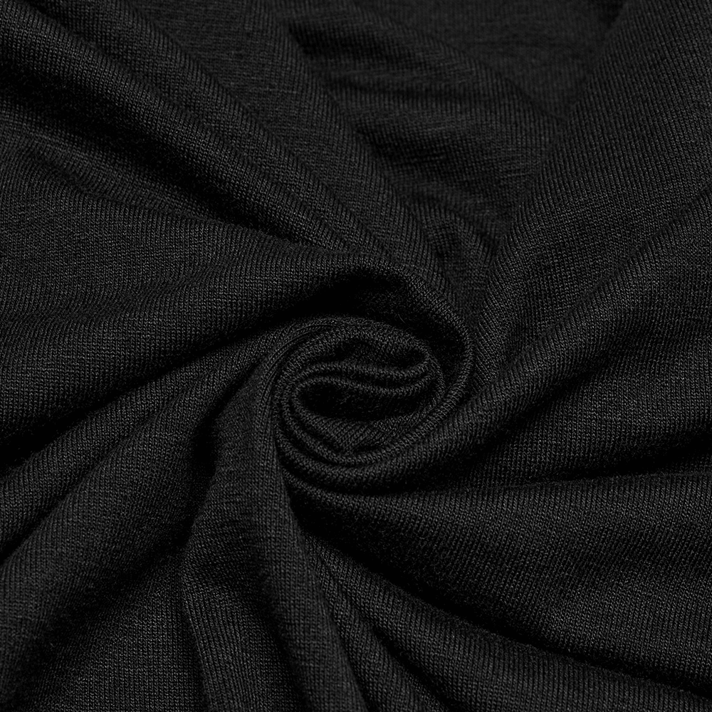 Close-up of soft black elastic knitted fabric, ideal for stylish V-neck t-shirts.