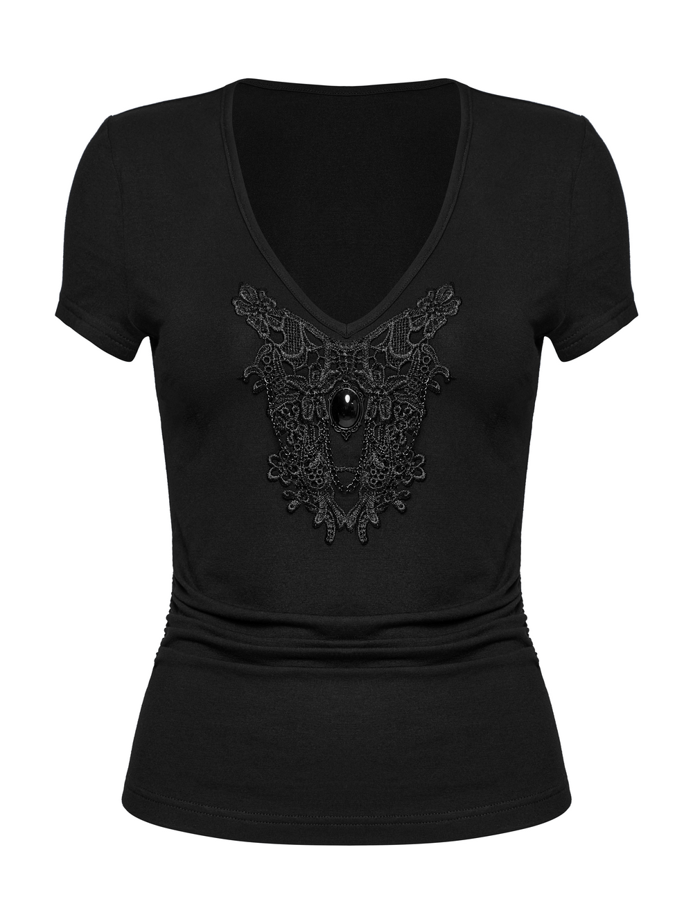 Black V-neck elastic t-shirt for women featuring a skull and lace design with gemstone accents.