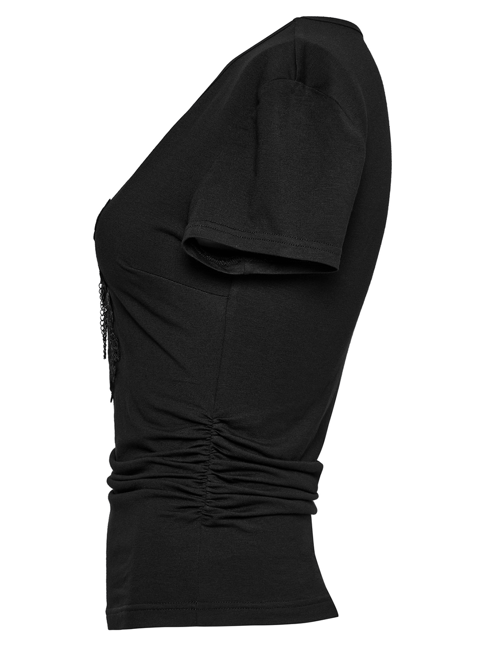 Side view of a women's black V-neck elastic t-shirt featuring skull and lace design with ruched detailing.