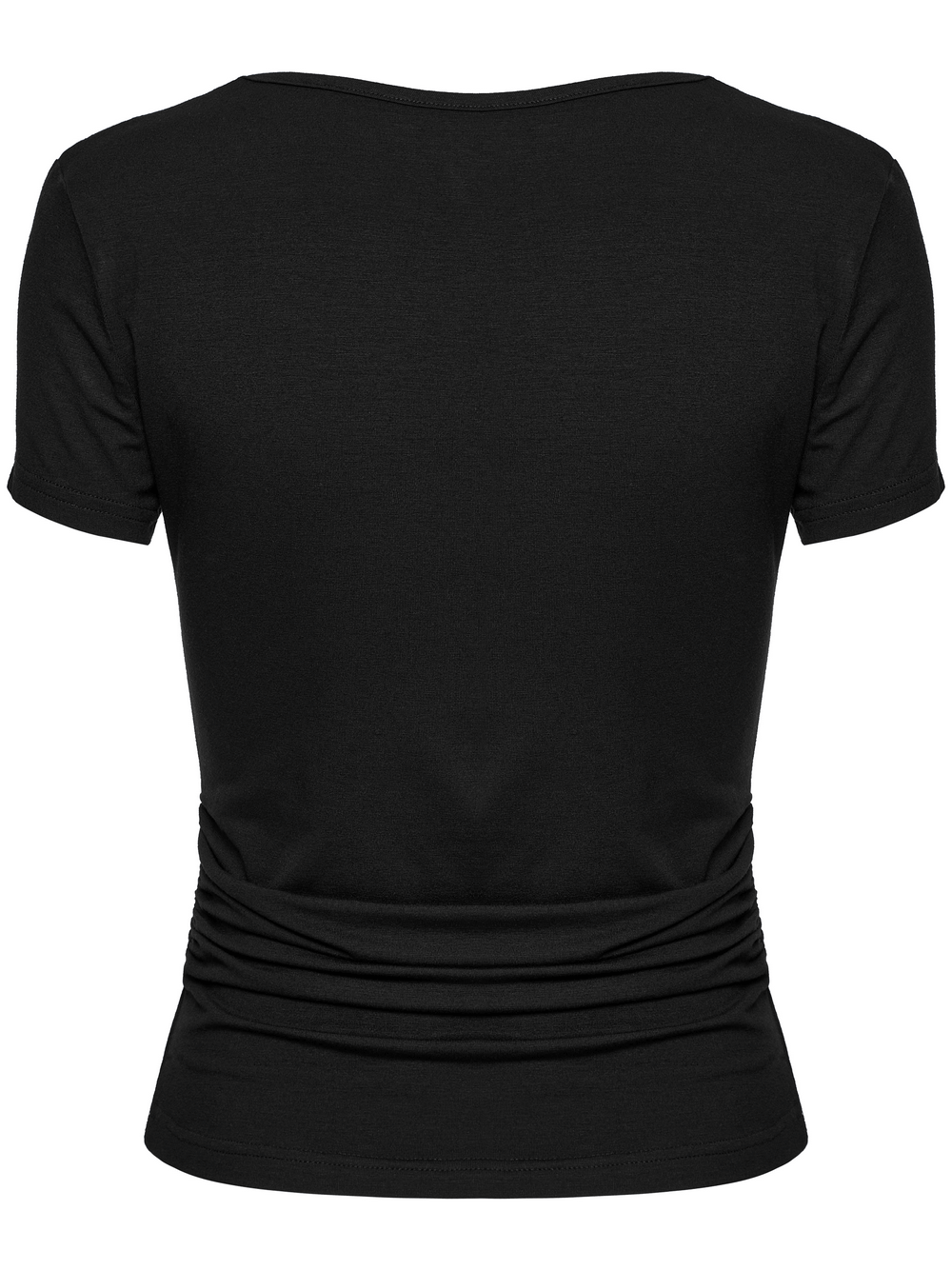 Back view of a black elastic V-neck t-shirt for women with stylish waist pleats, perfect for a gothic look.