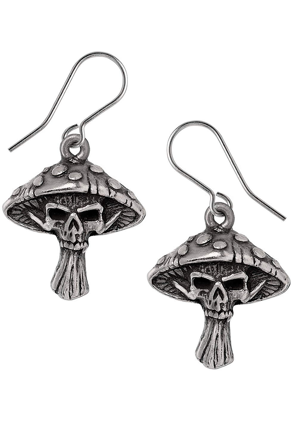 Skull and Mushroom Gothic Drop Earrings in Fine Pewter with a skull-toadstool design in fine pewter.