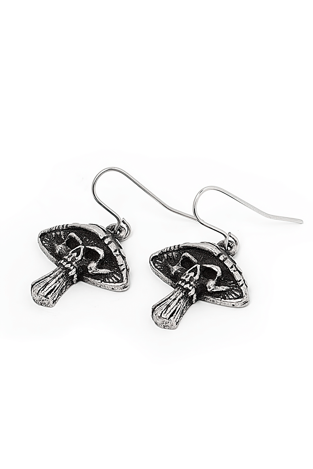 Skull and Mushroom Gothic Drop Earrings in Fine Pewter showcasing intricate Death Cap mushroom design.