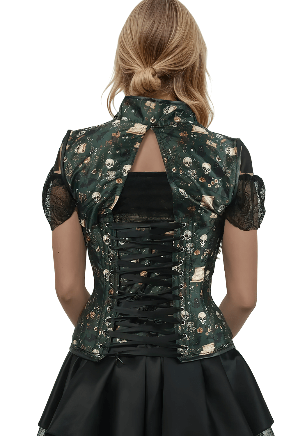 Skull and Rose Printed Dark Green Underbust Corset showcasing a stylish lace-up back and halter neck design.