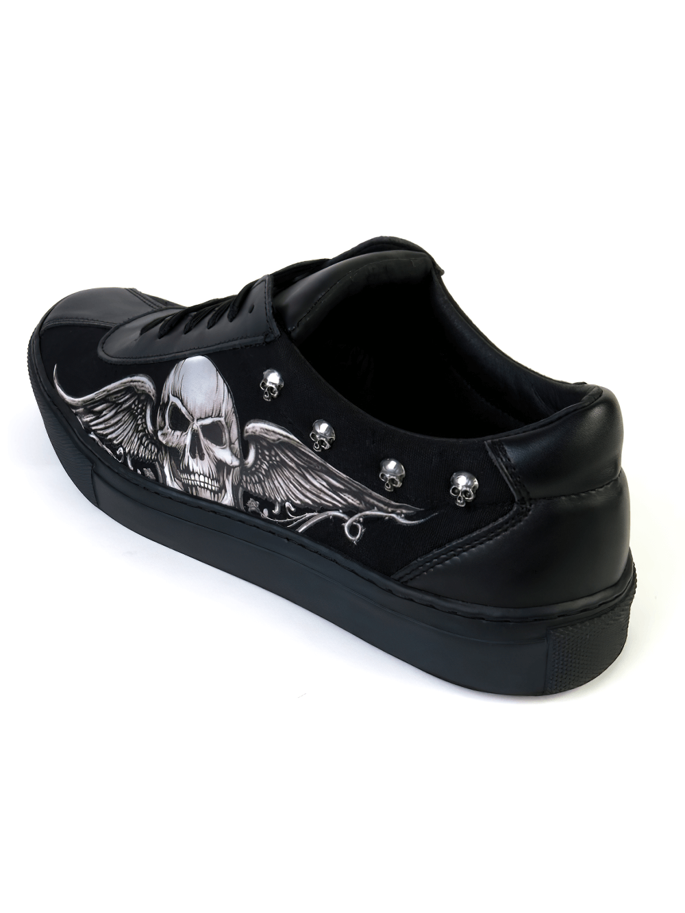 Skull and Wings Black Canvas Sneakers with Rubber Sole