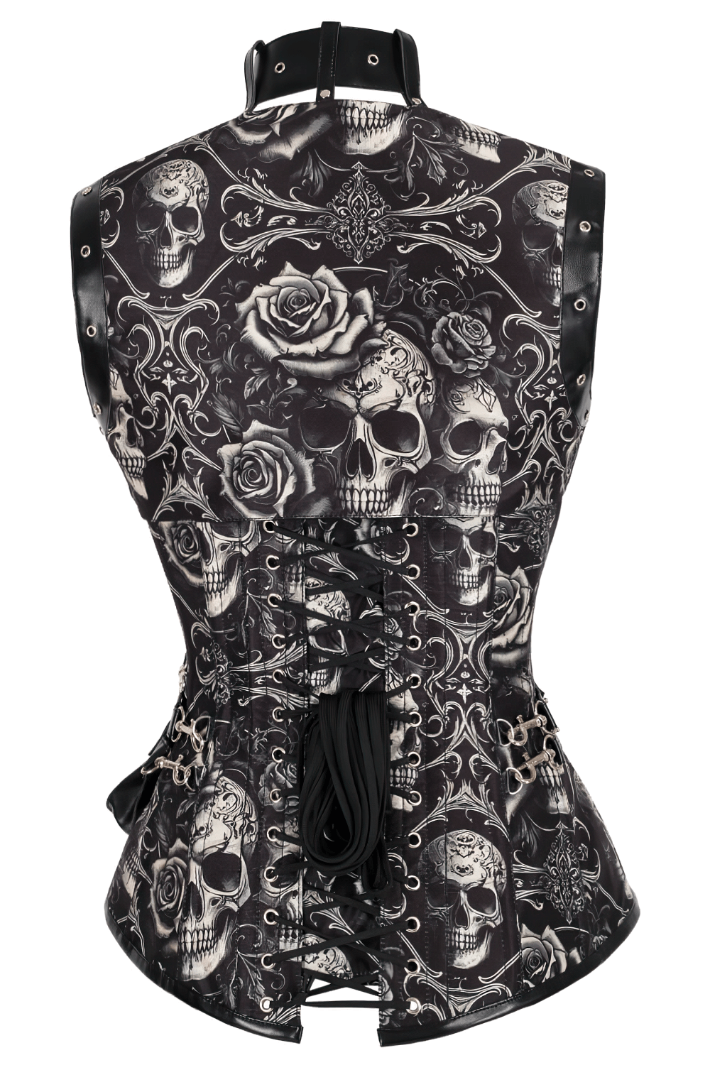 Alt Tag: Skull Baroque Steampunk Overbust Corset With Shrug back view, skull & rose baroque print, lace-up steel-boned gothic waist trainer