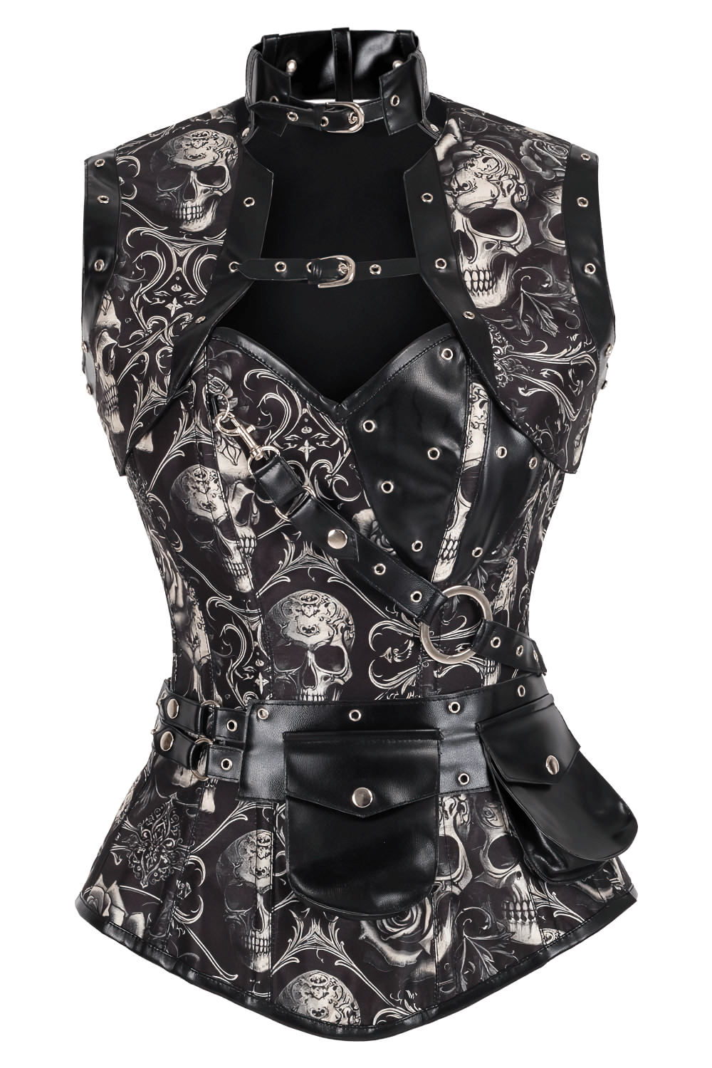 Alt Tag: Skull Baroque Steampunk Overbust Corset With Shrug featuring monochrome skull-baroque print, faux leather straps, steel-boned waist trainer