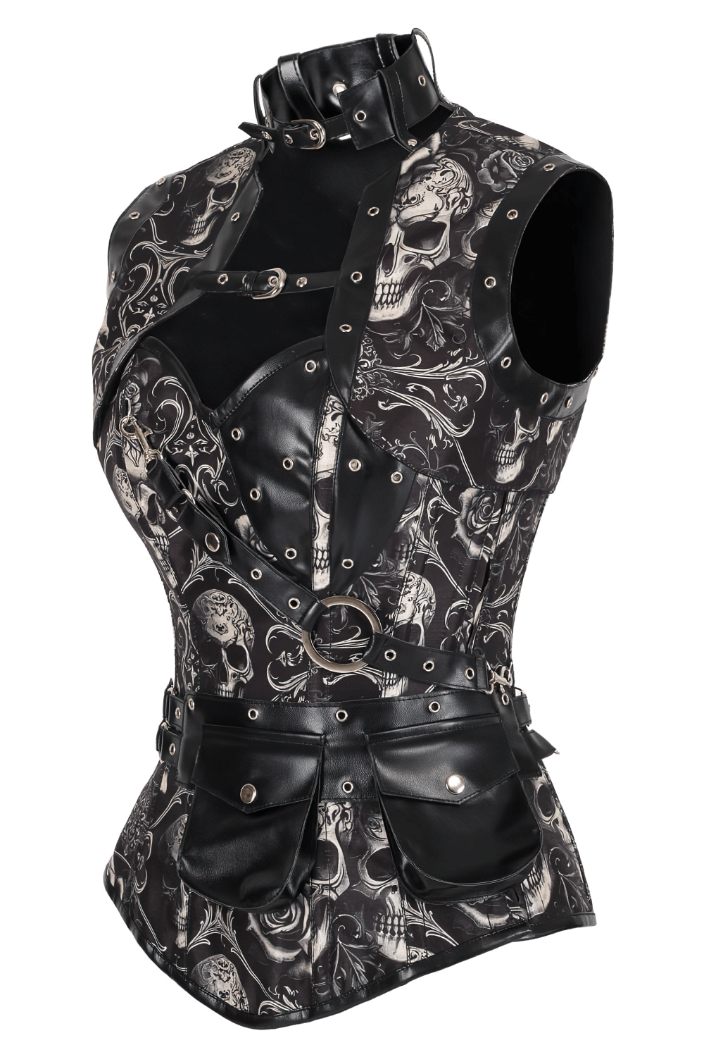 Alt Tag: Skull Baroque Steampunk Overbust Corset With Shrug black skull baroque print vest with faux leather pockets, studs and buckle collar