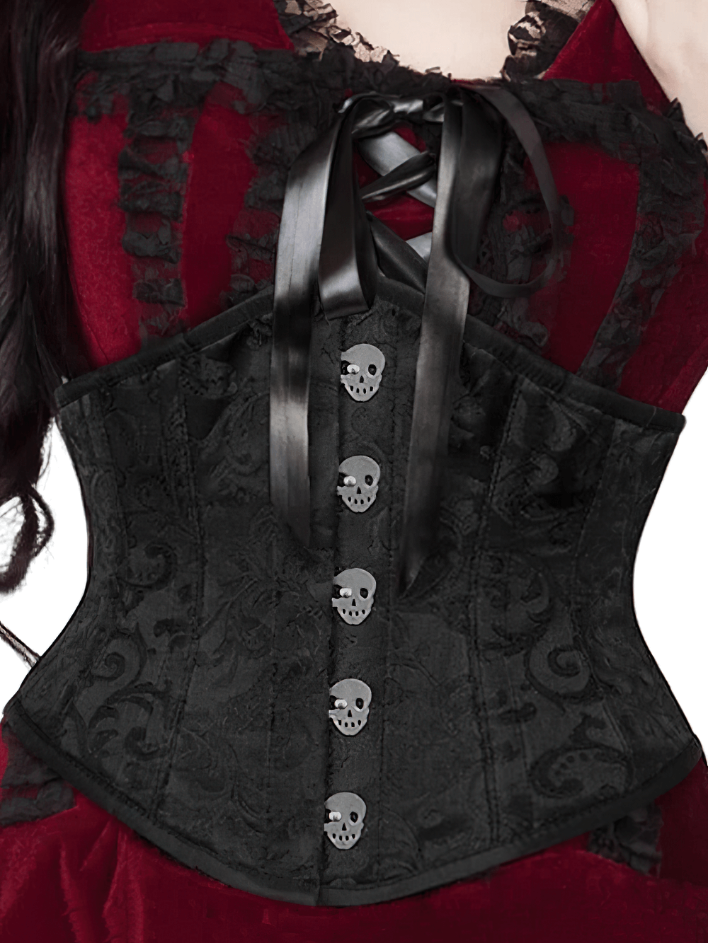 Bold black brocade underbust corset with skull busk closure and satin ribbons, perfect for daring fashion statements.