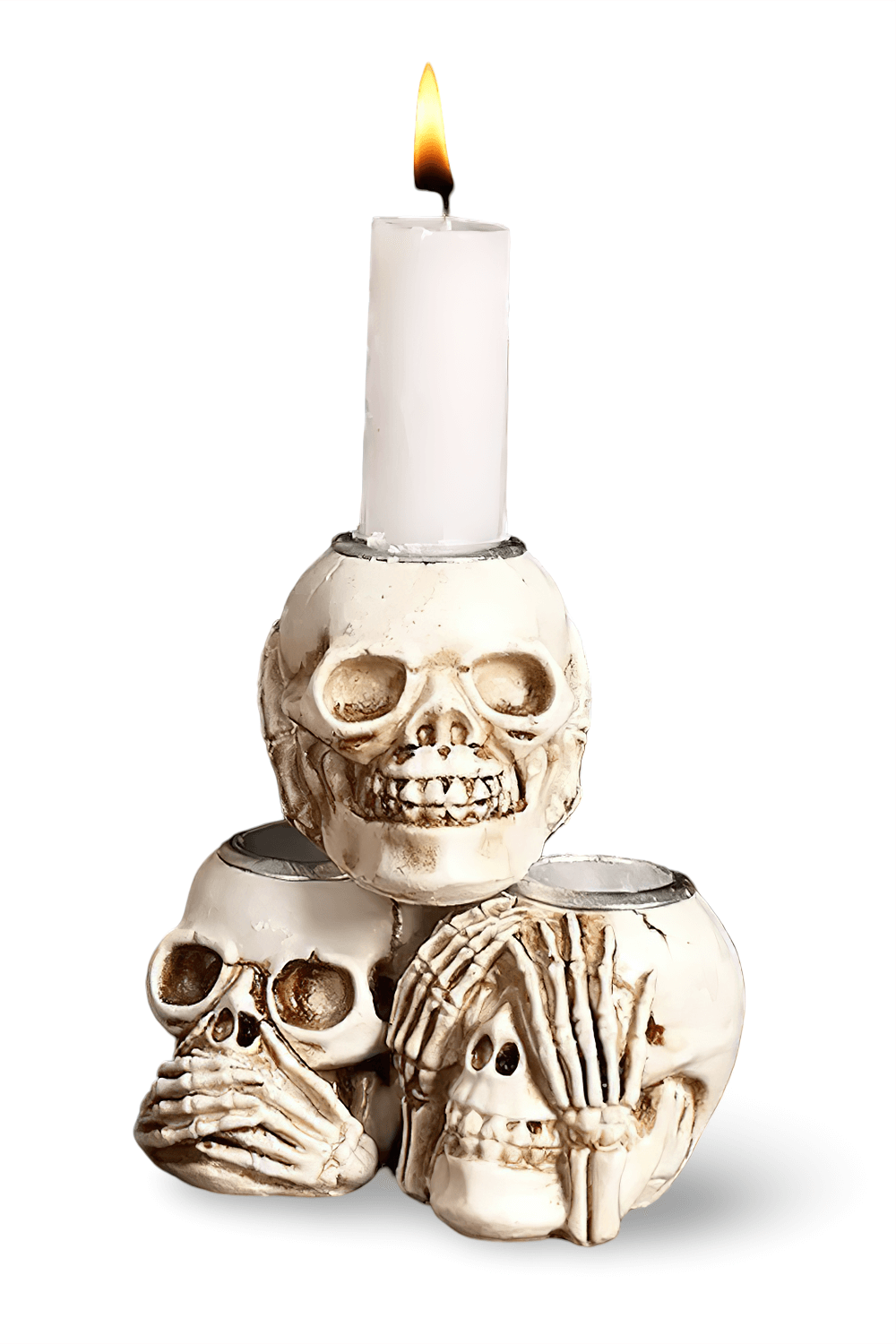 Skull candle holders set with skeleton hands, perfect for gothic Halloween decor and adding a spooky touch to any room.