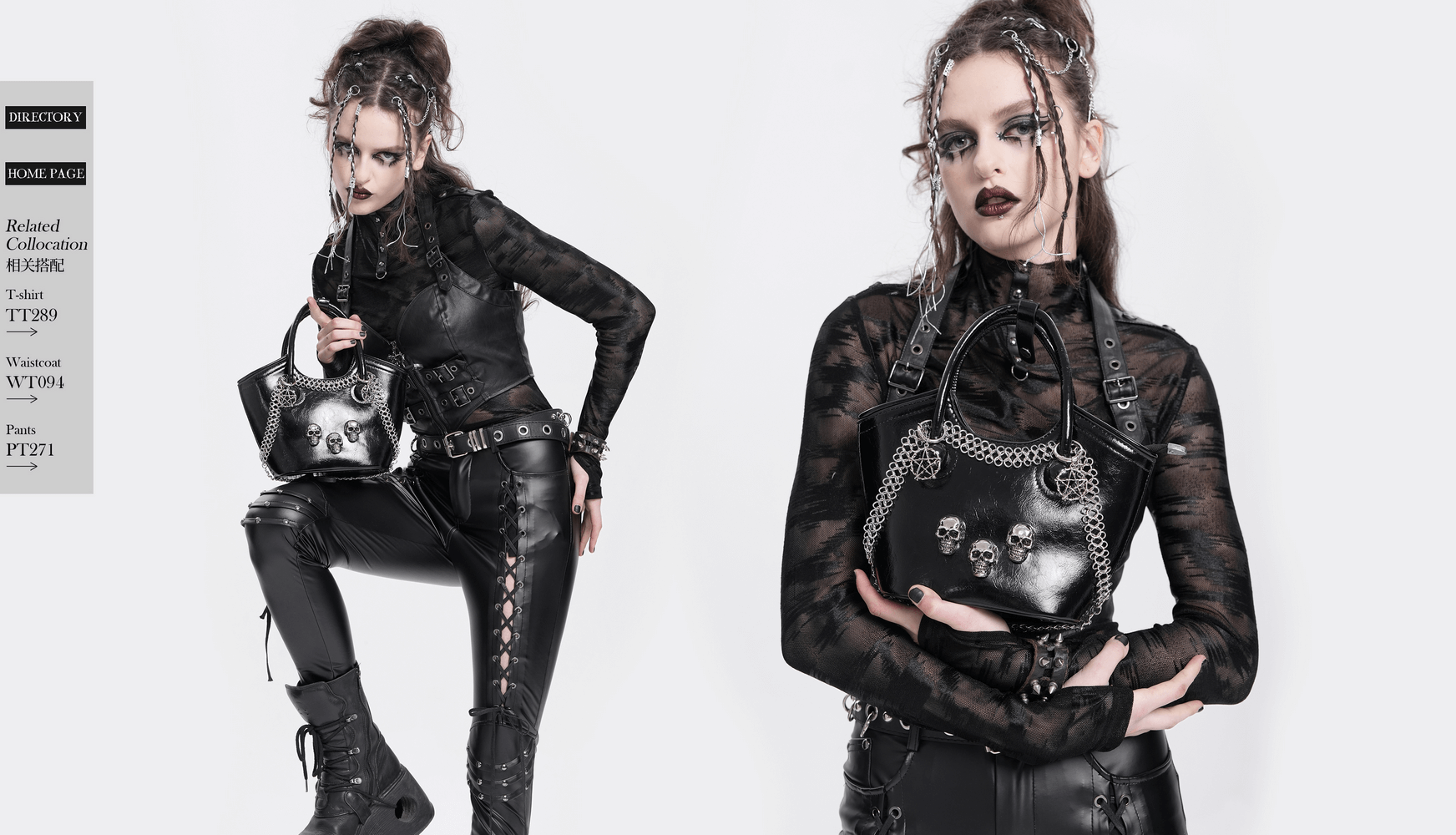 Gothic model showcasing Skull Chain Embellished Tote Bag in faux leather with edgy details and a rebellious style.