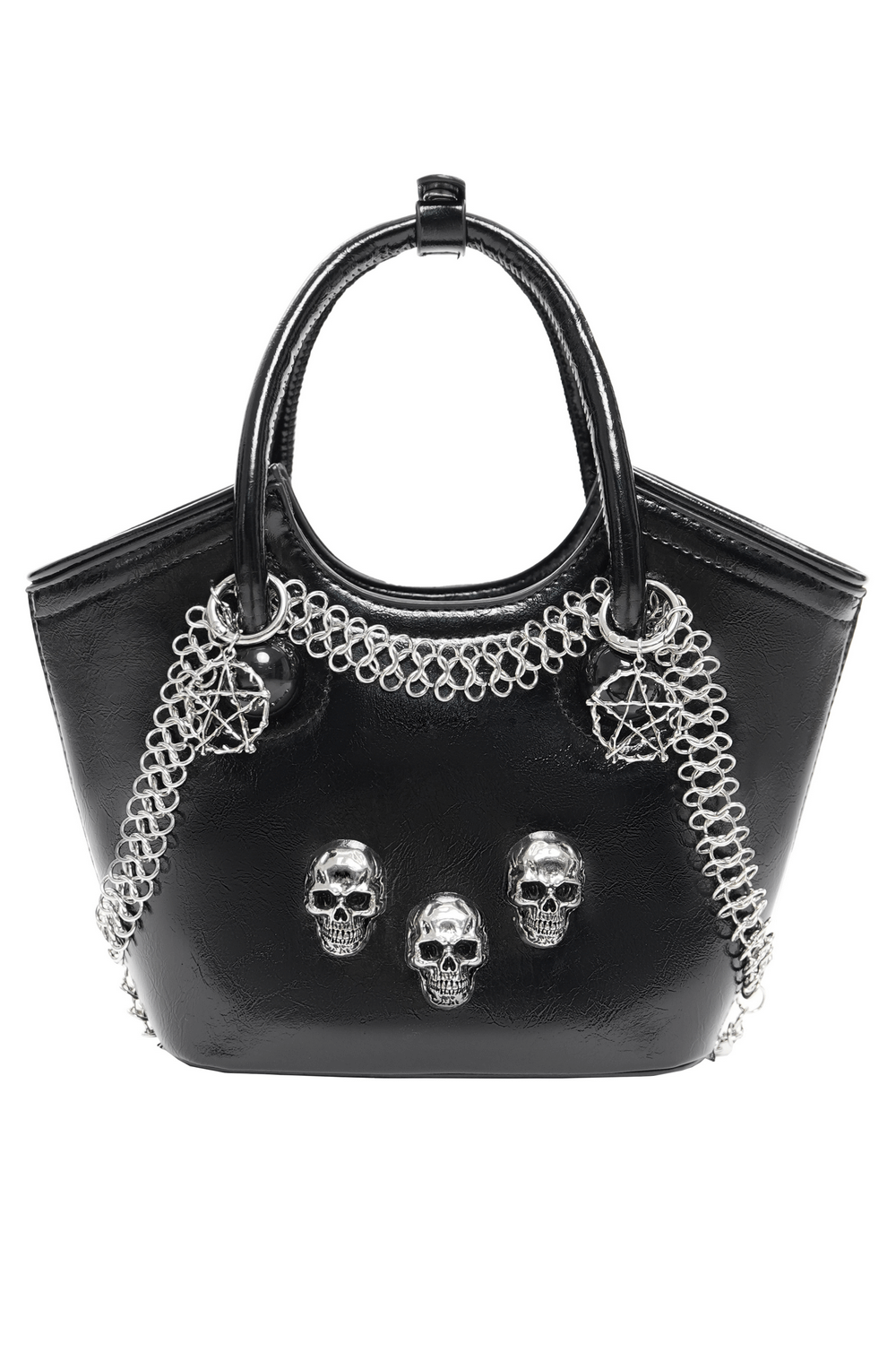 Gothic black tote bag with skull charms and chain accents, perfect for edgy fashion enthusiasts.