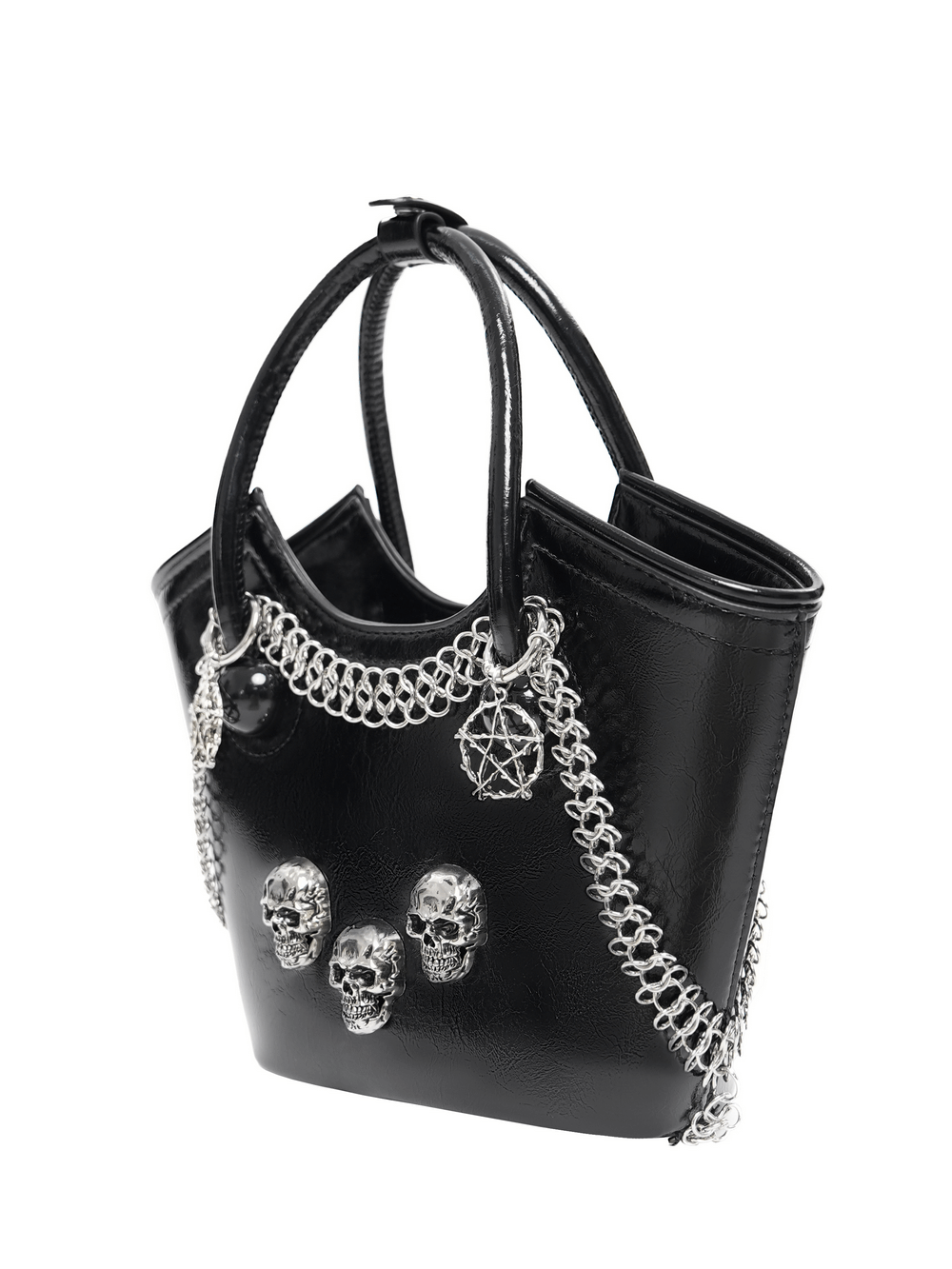 Black gothic tote bag with skull charms and chain detailing for a rebellious style.