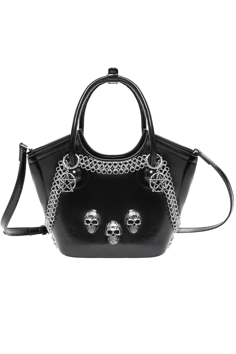 Gothic tote bag with skull details and chain accents in black faux leather, perfect for edgy fashion lovers.