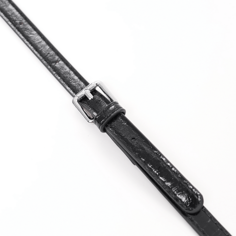 Sleek black belt with a shiny silver buckle, perfect for adding a stylish accent to any outfit.