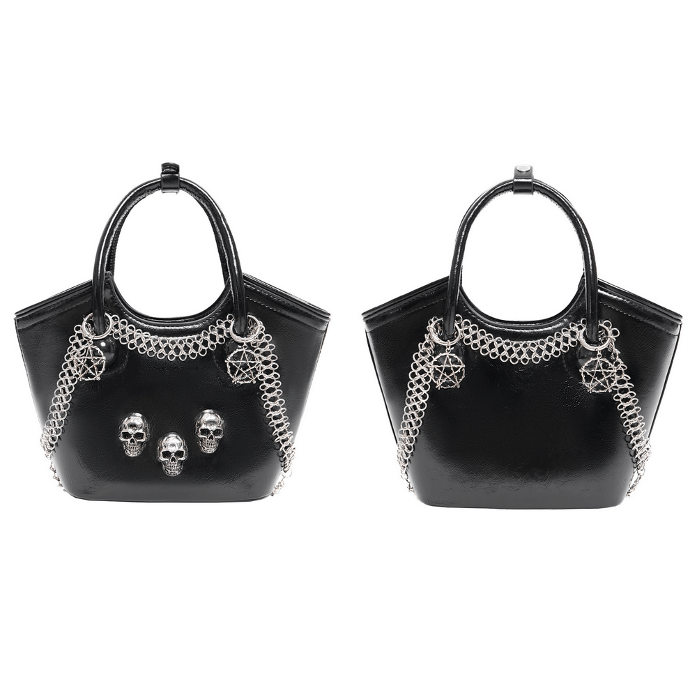 Gothic chain-linked tote bag with skull accents and charm, perfect for edgy fashion lovers.