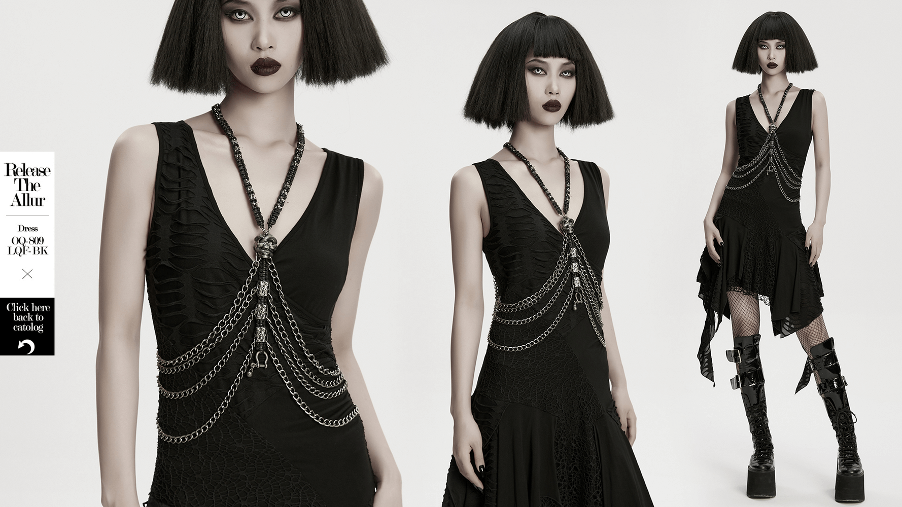 Skull Chain Harness Necklace with Layered Metal Design showcased on model with black dress and edgy accessories.