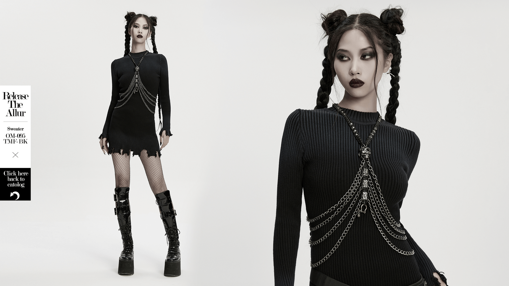 Skull Chain Harness Necklace with Layered Metal Design worn by model in black attire, showcasing gothic style and layered chains.