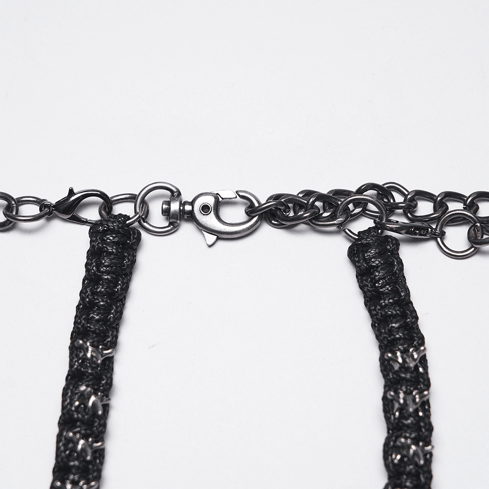 Detailed view of the clasp on the Skull Chain Harness Necklace with Layered Metal Design.