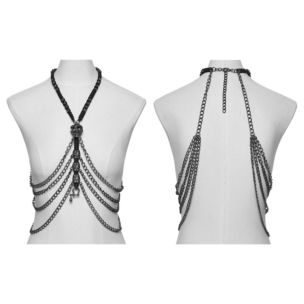 Skull Chain Harness Necklace with Layered Metal Design showcasing detailed chains and skull pendant from different angles.