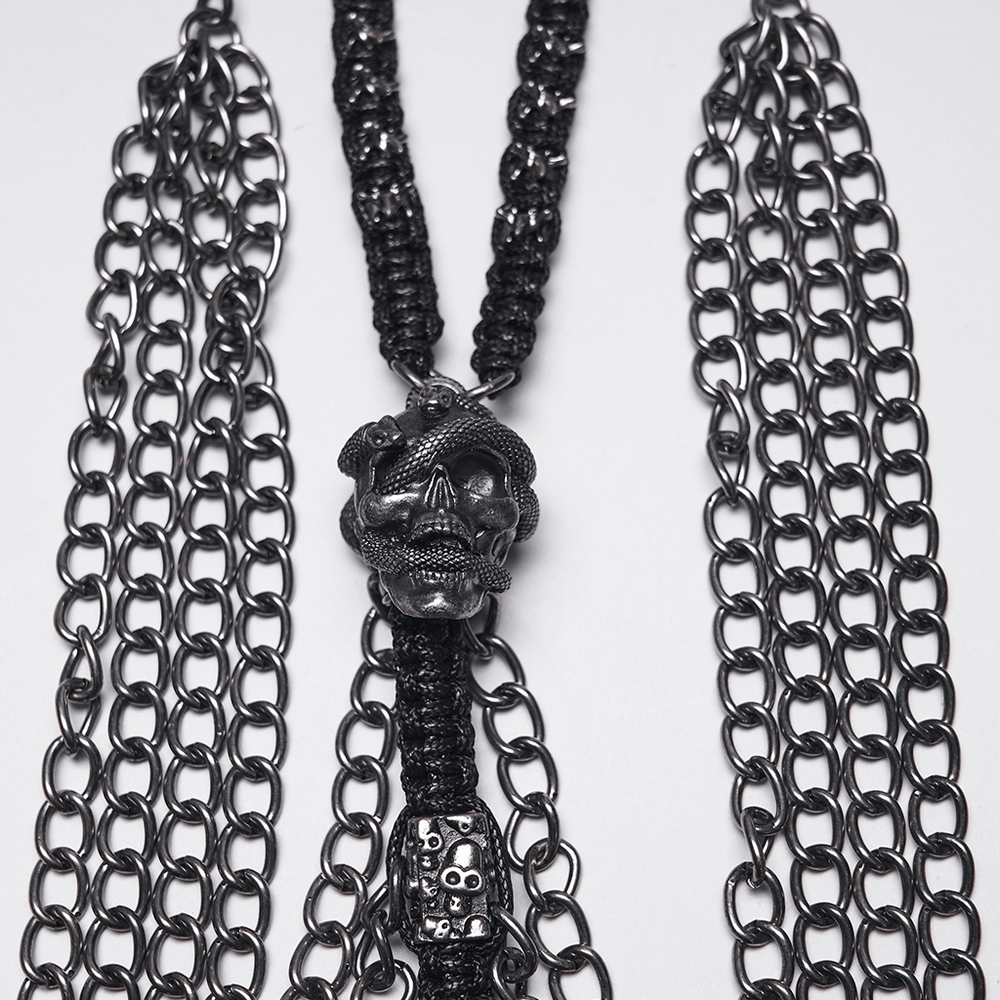 Skull Chain Harness Necklace with Layered Metal Design featuring a snake-wrapped skull and cascading chains.
