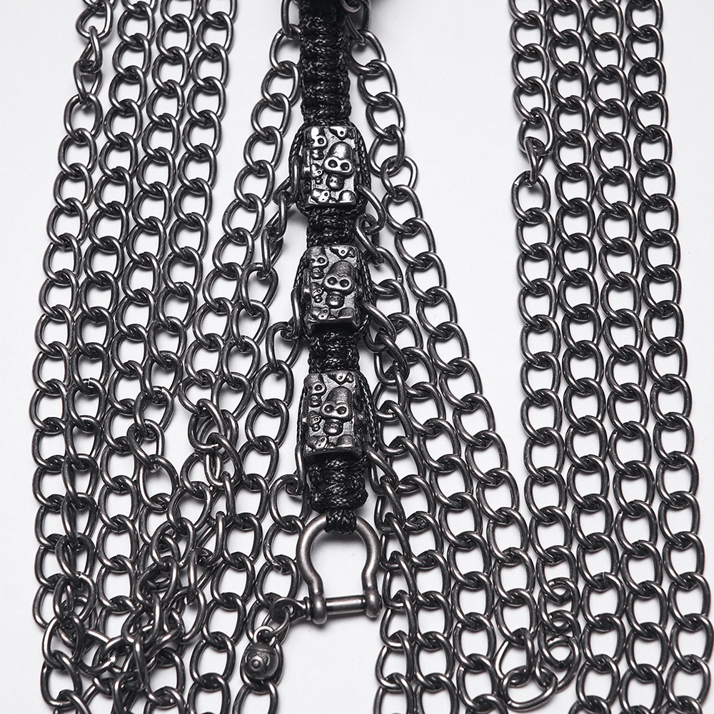 Skull Chain Harness Necklace with Layered Metal Design featuring chains and skull accents.