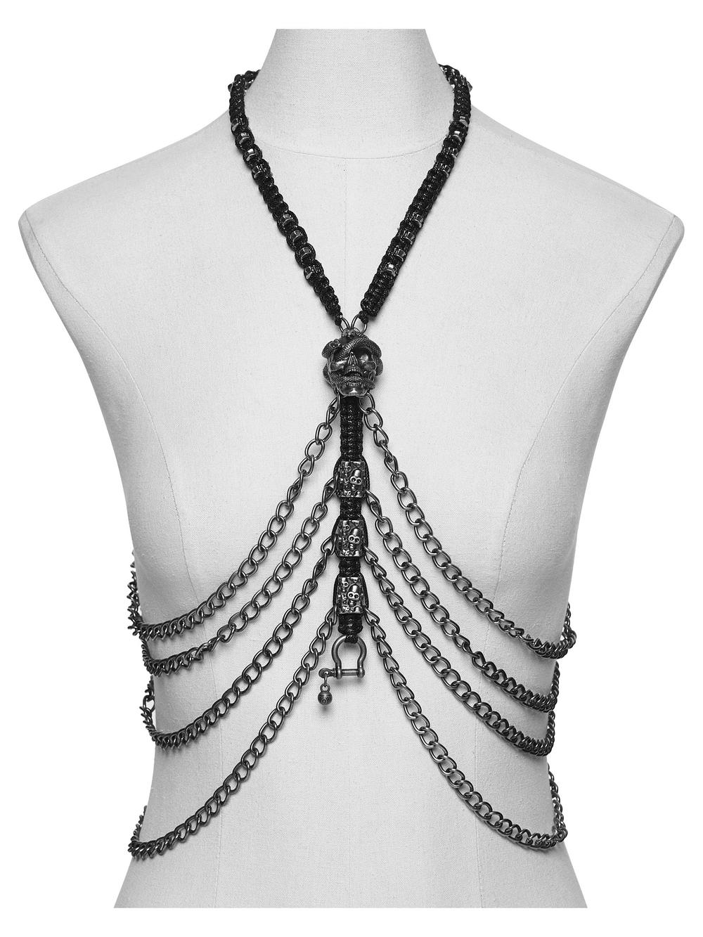 Skull Chain Harness Necklace with Layered Metal Design showcased from the back, featuring layered chains and a skull centerpiece.