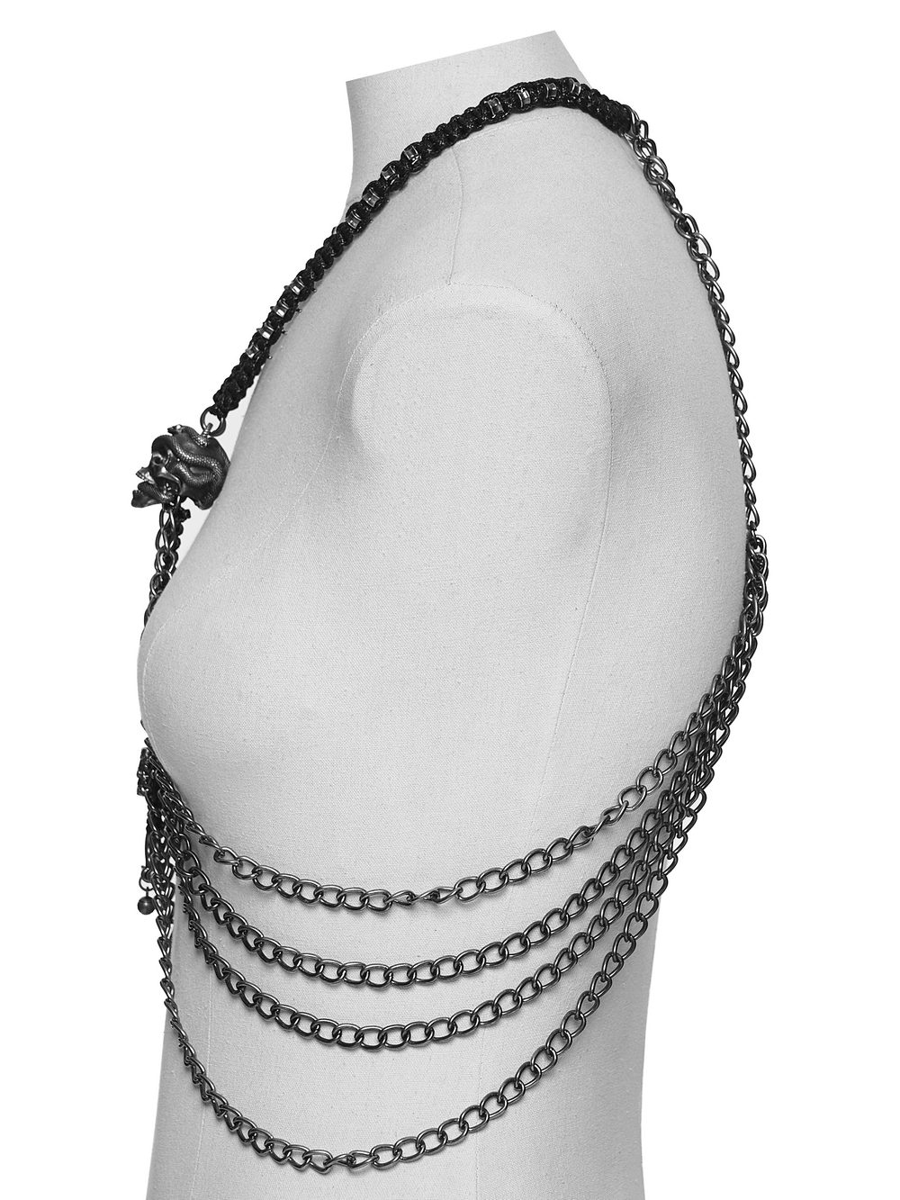 Skull Chain Harness Necklace with Layered Metal Design on mannequin highlighting punk gothic style.