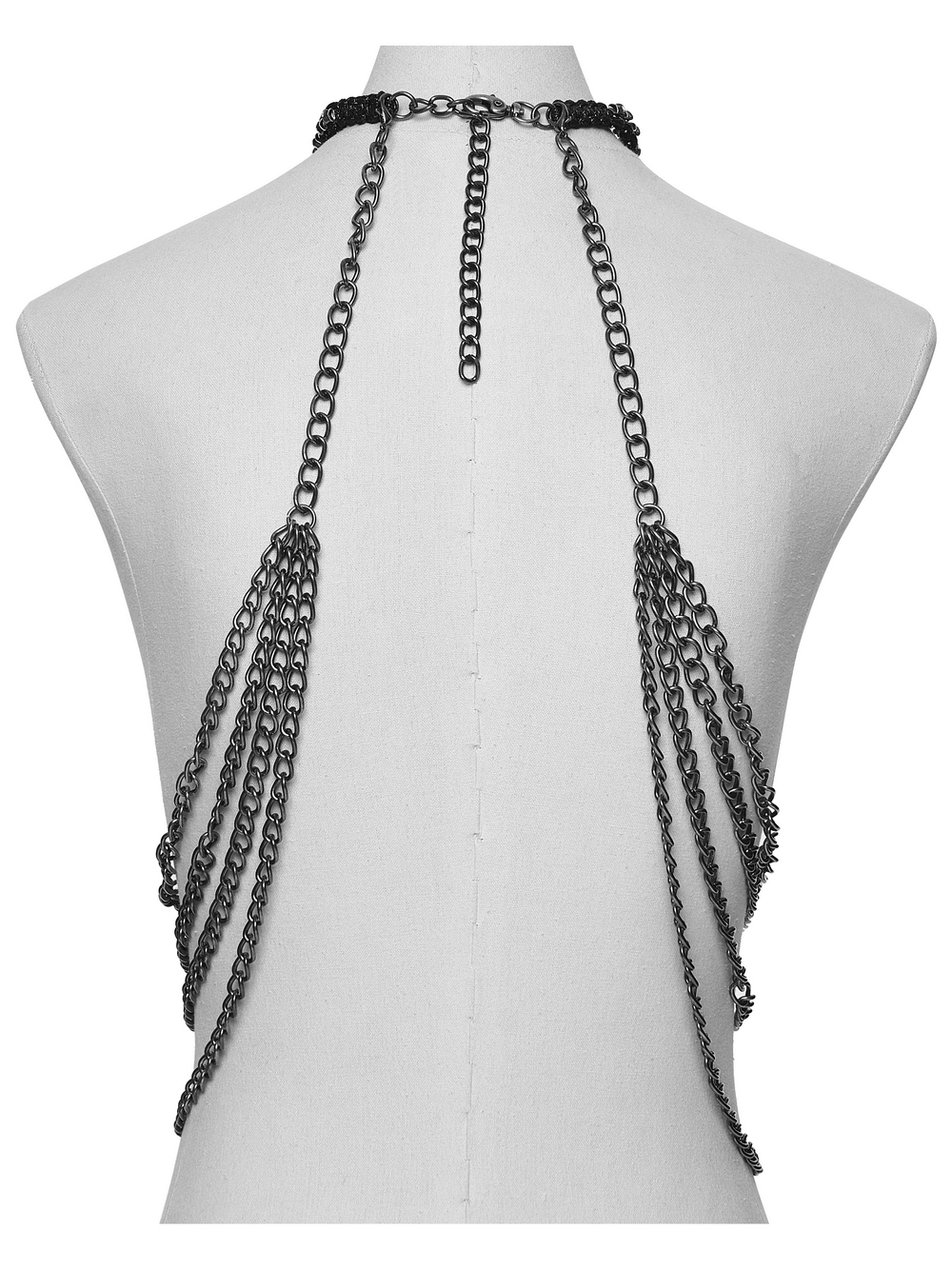 Skull Chain Harness Necklace with Layered Metal Design showcasing a dramatic back view with cascading chains.