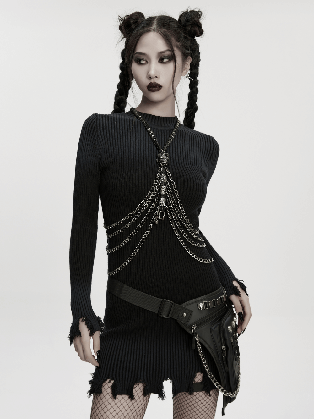 Skull Chain Harness Necklace with Layered Metal Design worn by model in gothic style outfit with chains.