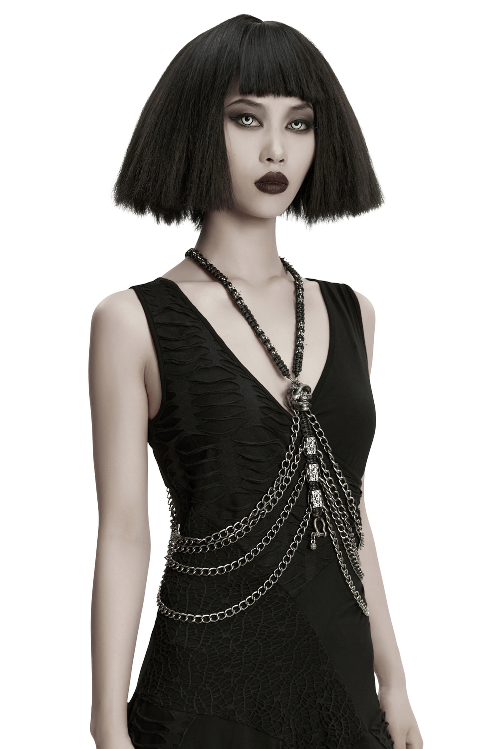 Skull Chain Harness Necklace with Layered Metal Design showcased on a model, featuring punk gothic design and layered chains.