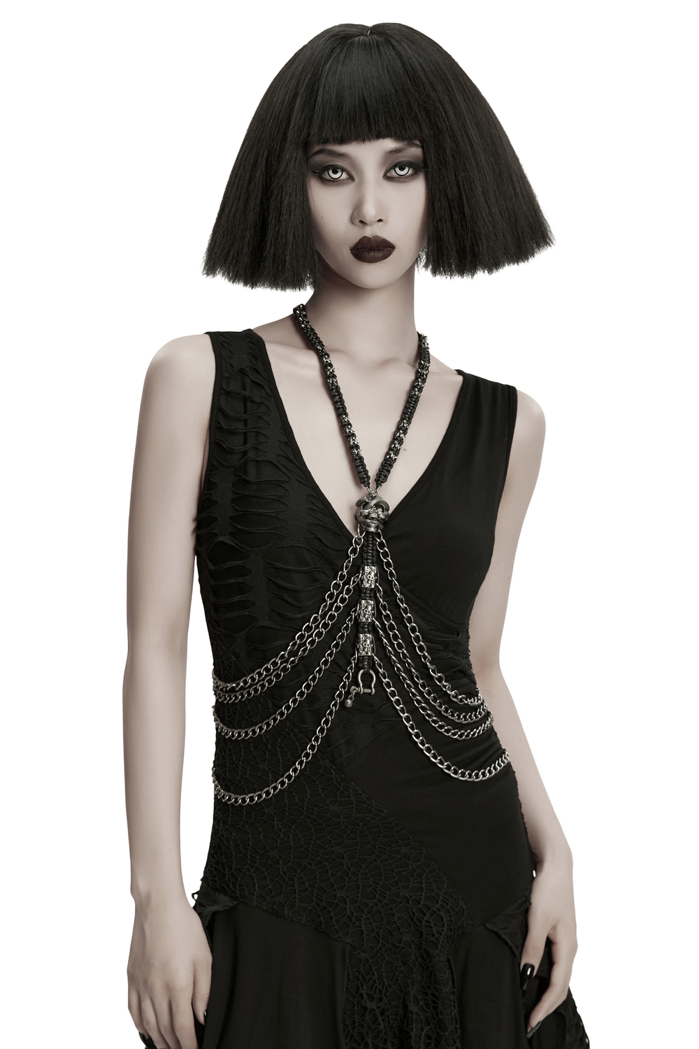 Skull Chain Harness Necklace with Layered Metal Design worn by model, showcasing gothic style and layered chains.