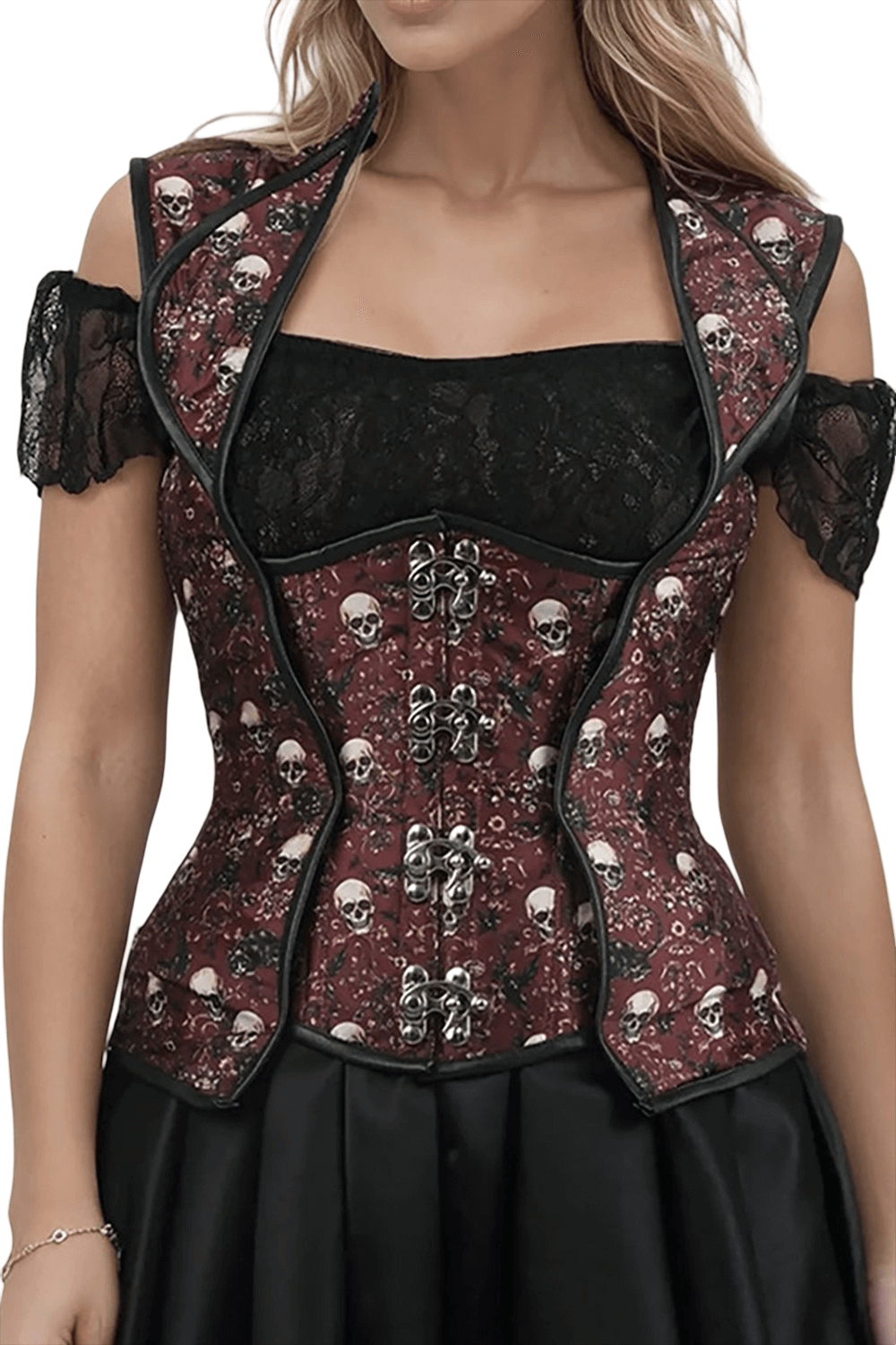 Skull Corset with Lapel Halter in Red and Black Gothic Style with floral and skull motifs.