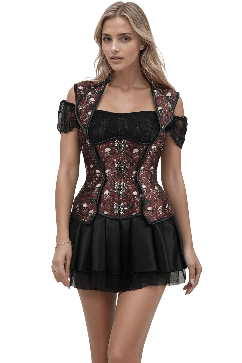 Skull Corset with Lapel Halter in Red and Black Gothic Style, featuring a bold skull and floral pattern.