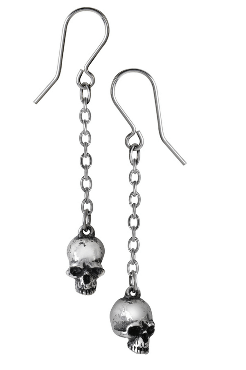 Gothic pewter skull dangle earrings with silver plated earwires and fine chains for a bold statement.