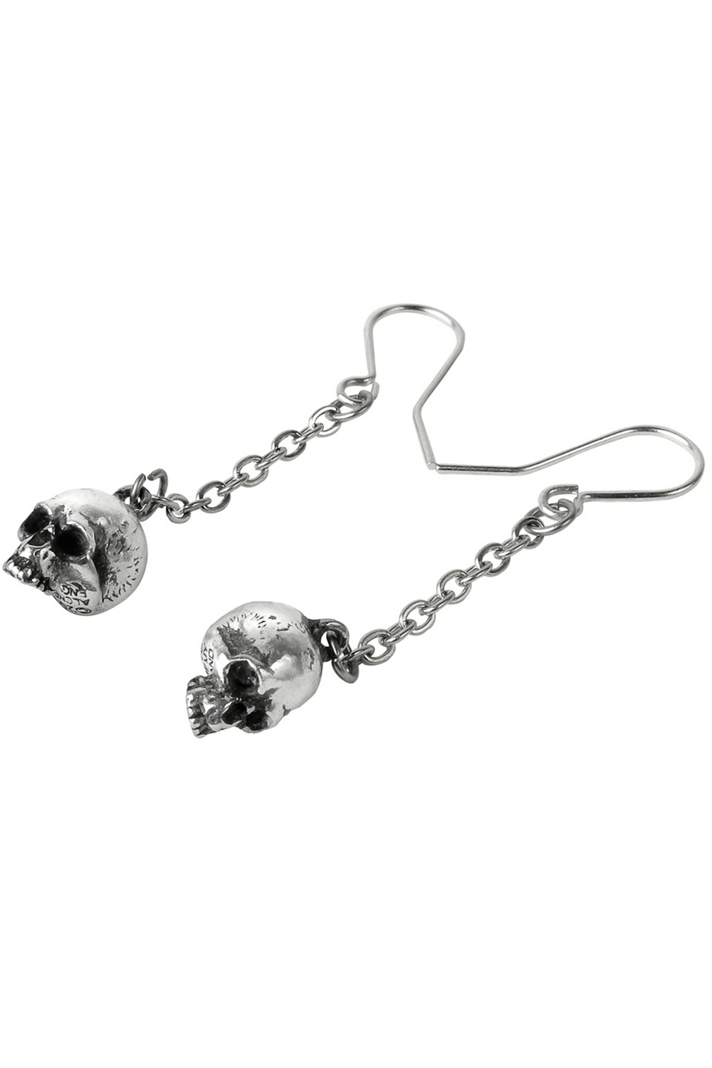 Gothic pewter skull dangle earrings with silver plated earwires, showcasing a bold, dark aesthetic.