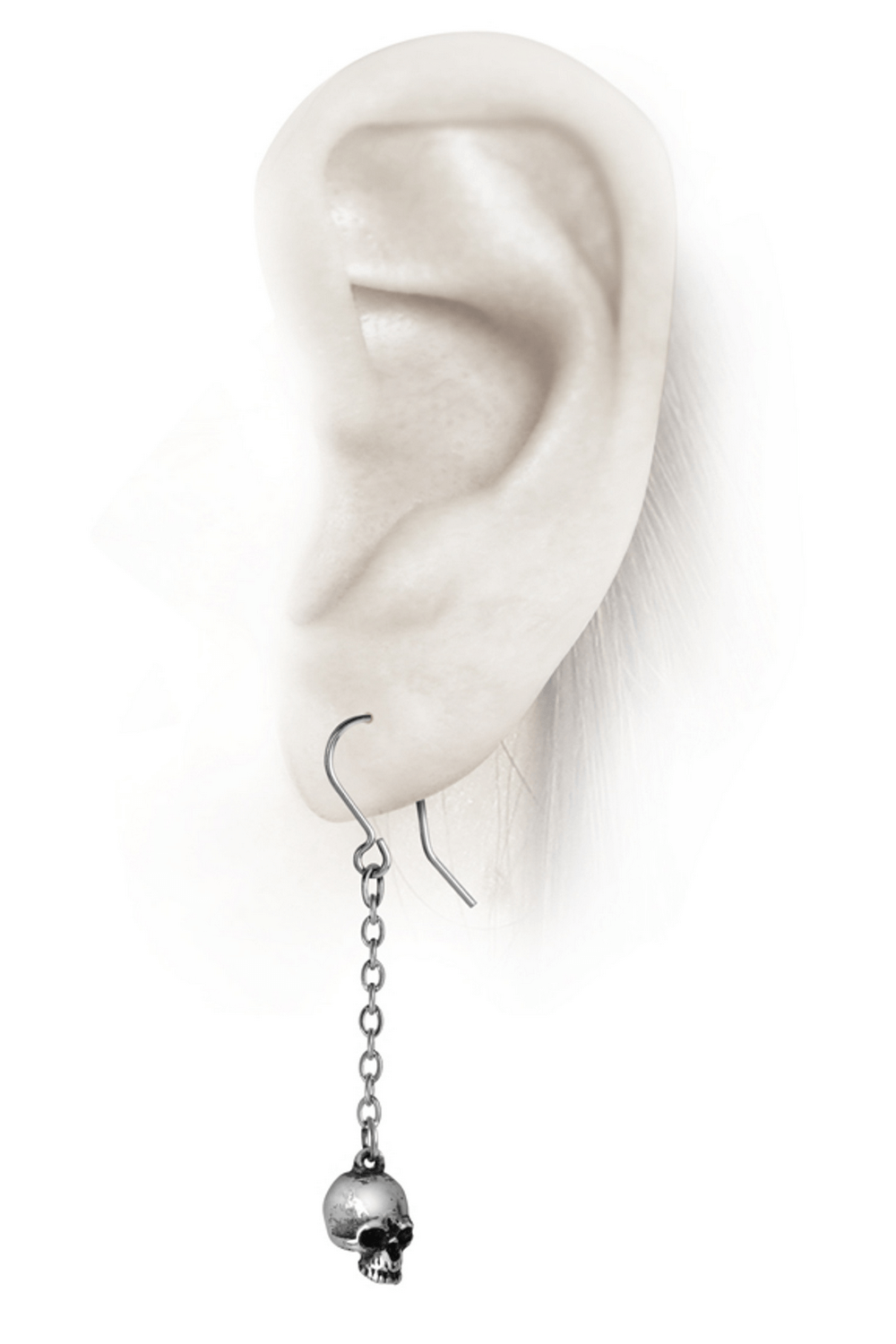 Gothic skull dangle earrings showcased on an ear, featuring pewter skulls and silver-plated earwires.